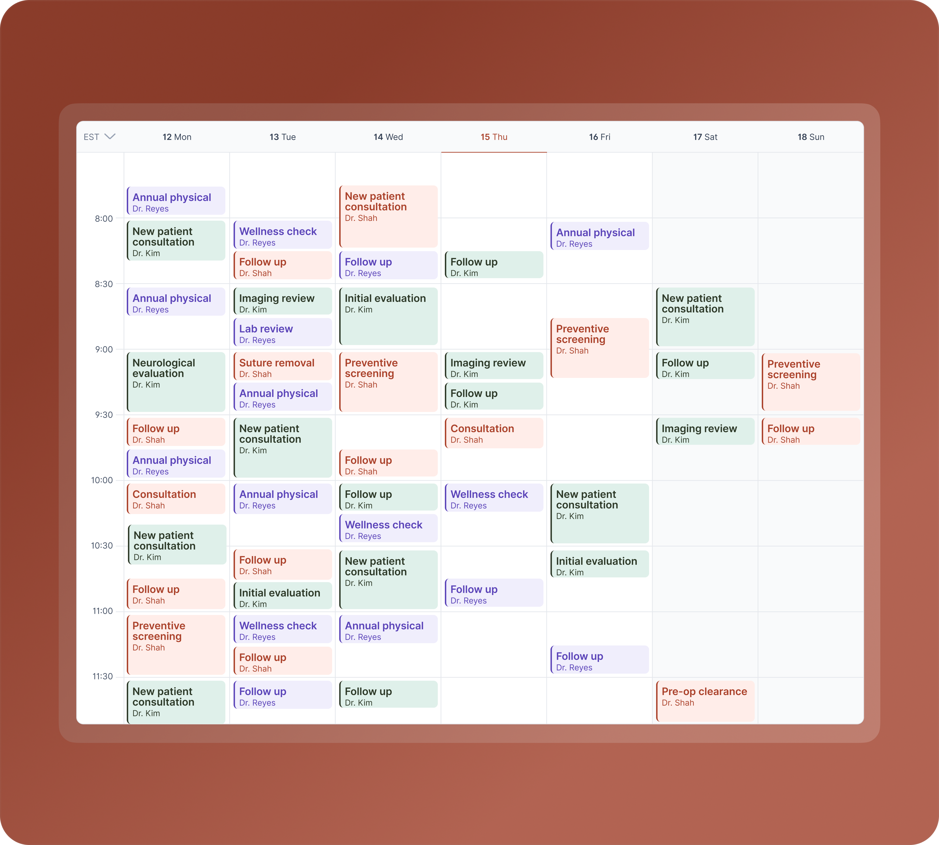 A full weekly calendar packed with appointments across multiple providers and time slots