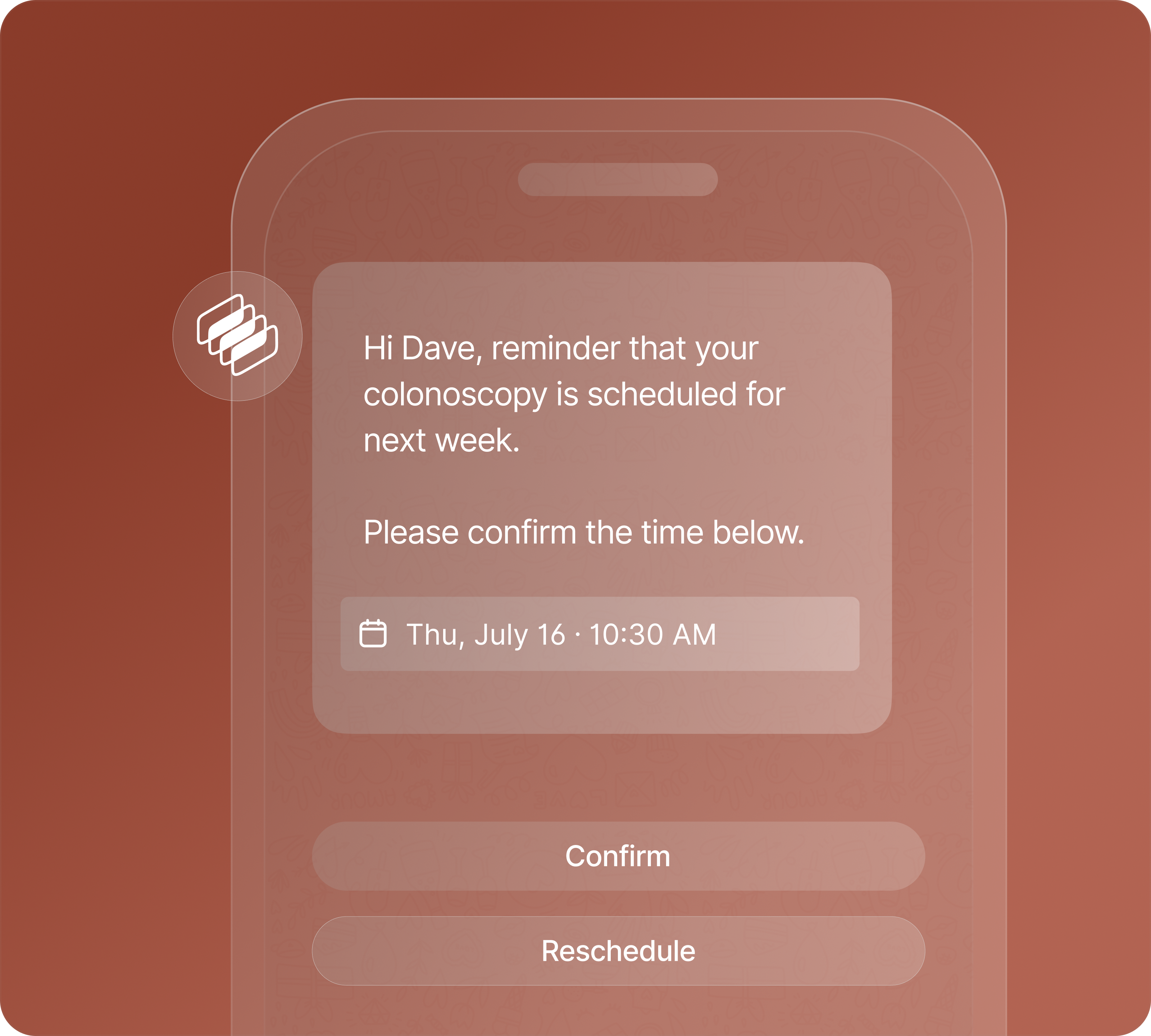 Appointment confirmation card with confirm and reschedule options